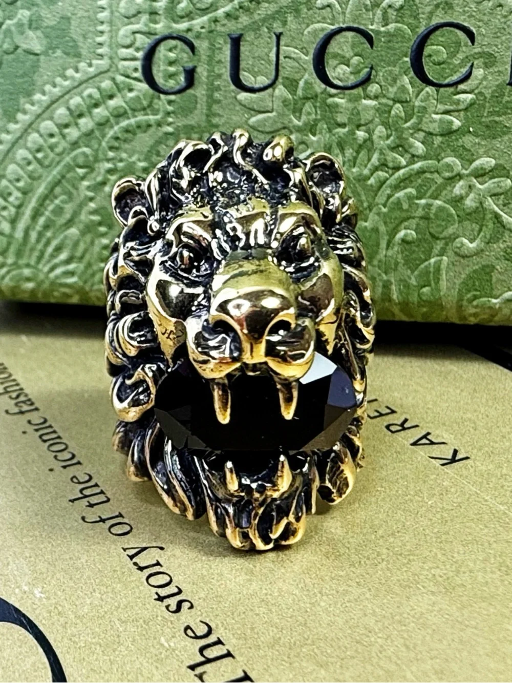 Gucci Lion Head Statement Ring with Black Onyx Crystal
